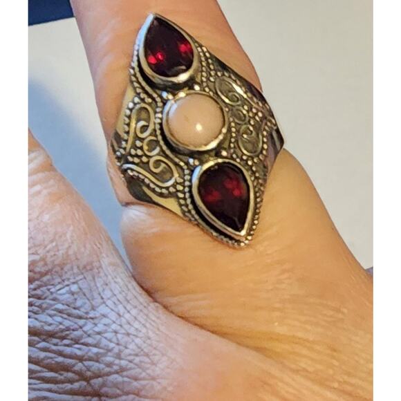 6mm Round Pink Opal with 1.75ctw Raspberry Rhodolite Sterling Silver Ring - Picture 5 of 5